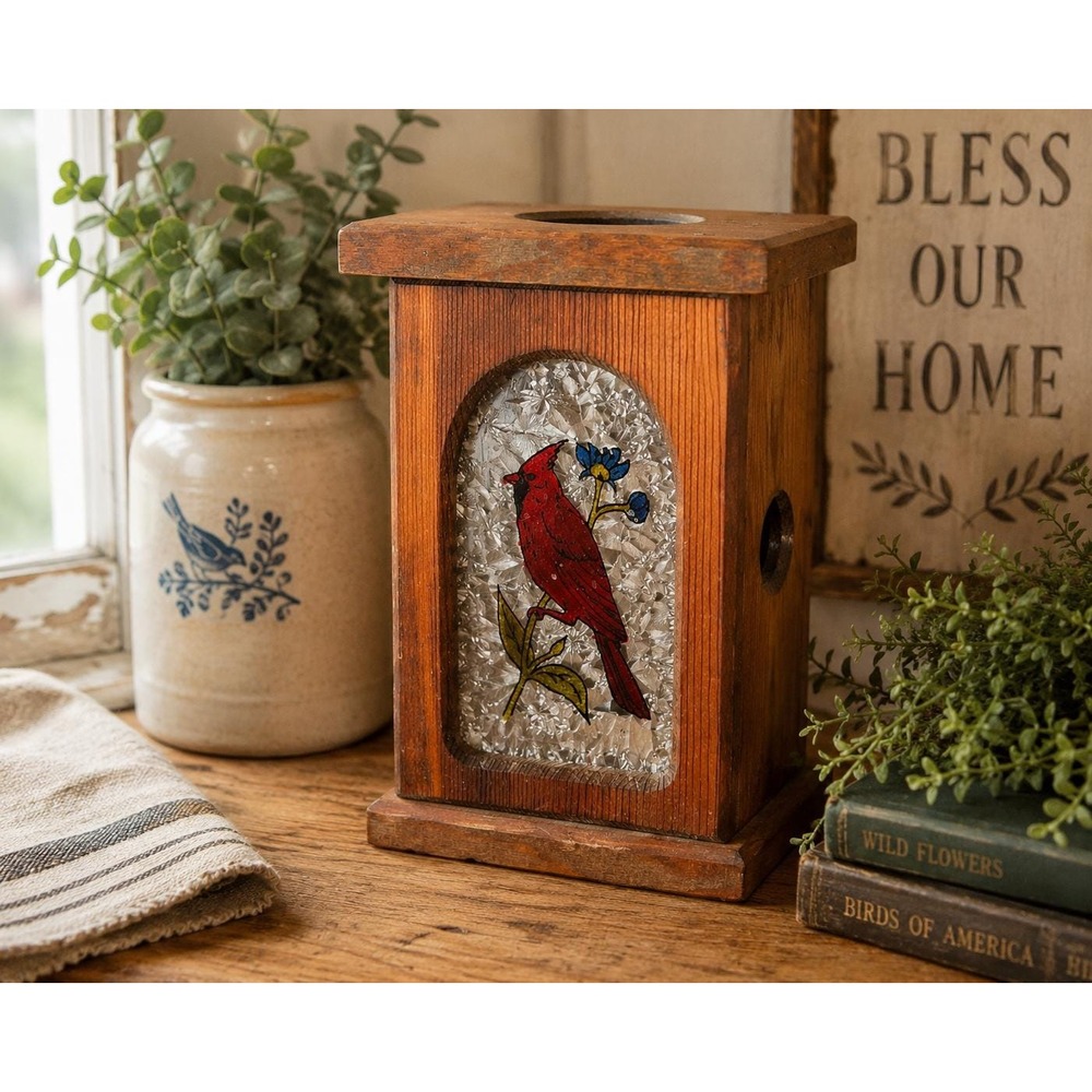 VTG Wooden Cardinal Decor Folk Art Red Bird Glass Panel Cabin Cottage Birdhouse
